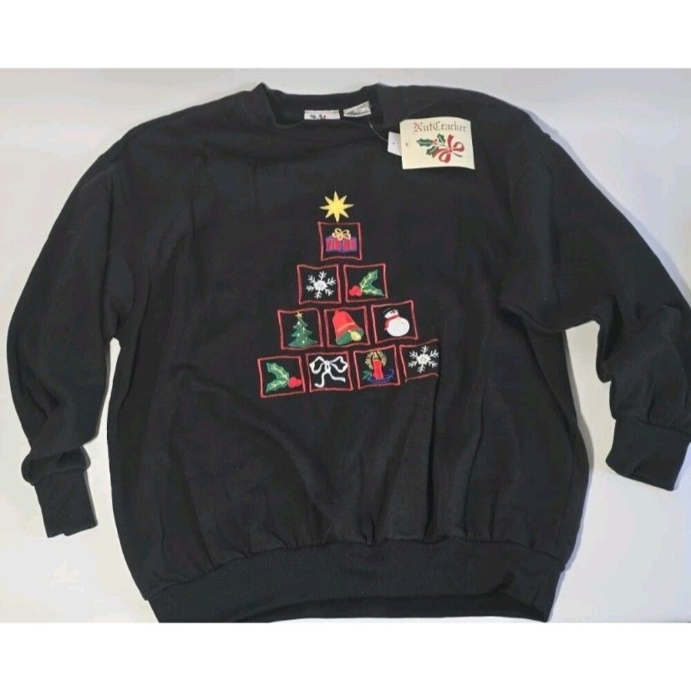 NOS Black Nutcracker Sweater Womens Large Holiday Christmas Tree Top Grannycore